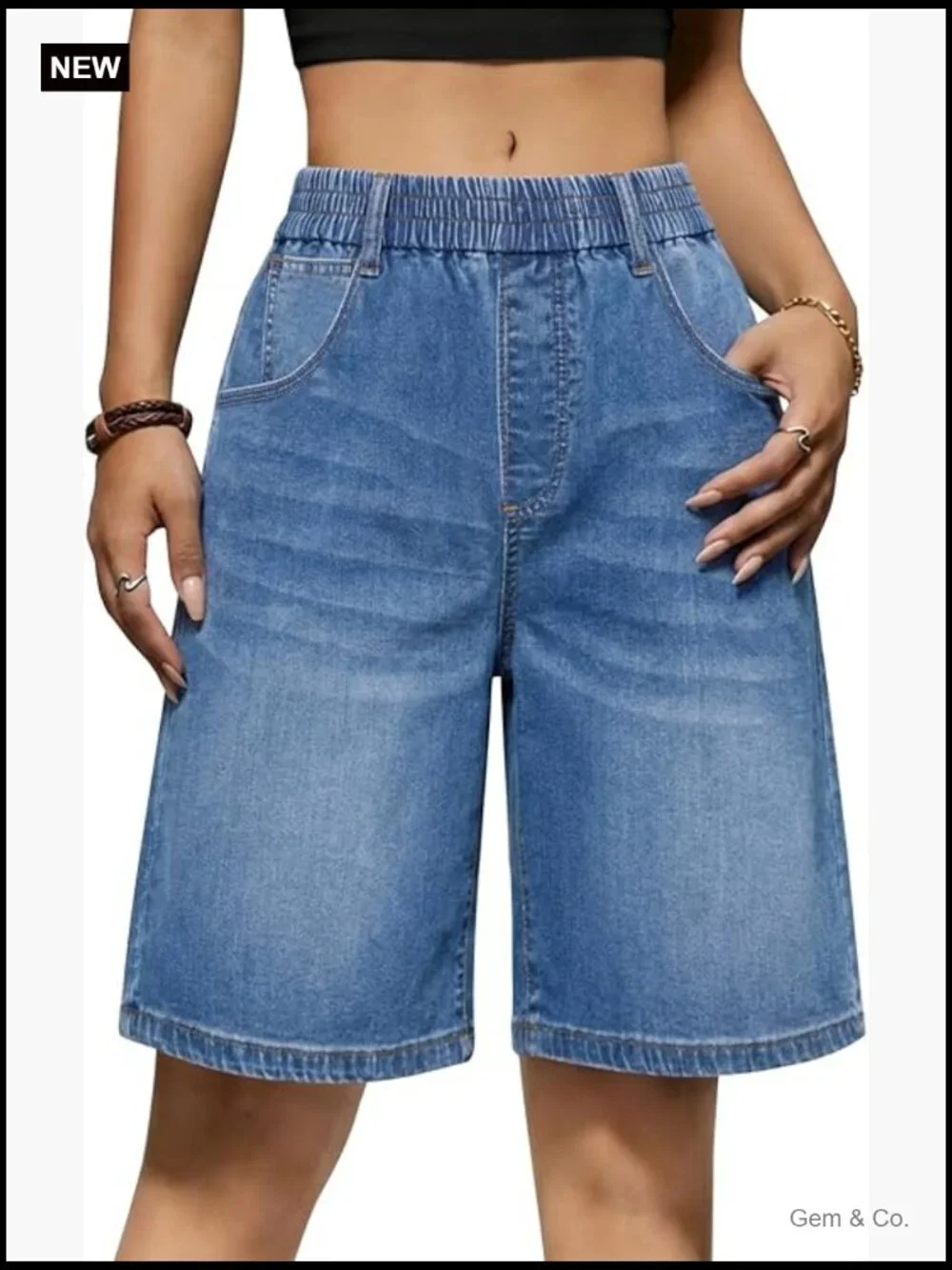 Women's Elastic Waisted Bermuda Jean Shorts Long Denim Jorts Knee Length Baggy